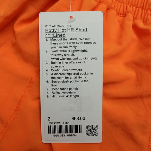 New Lululemon Size 2 Hotty Hot Shorts High Rise HR 4” Lined LITO Lit Orange - Picture 10 of 10